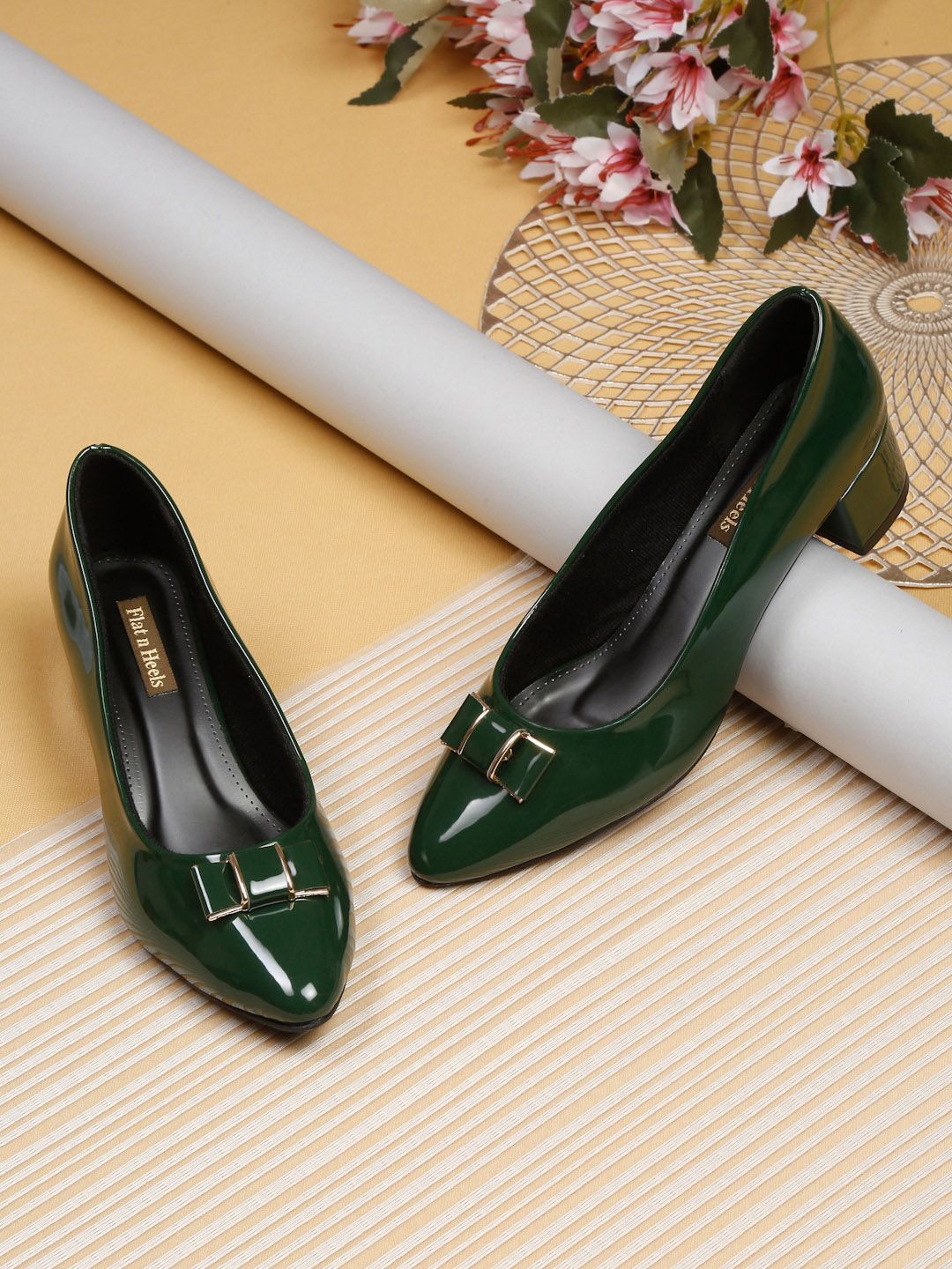 Flat n Heels Bow Detail Pointed Toe Block Heel Pumps