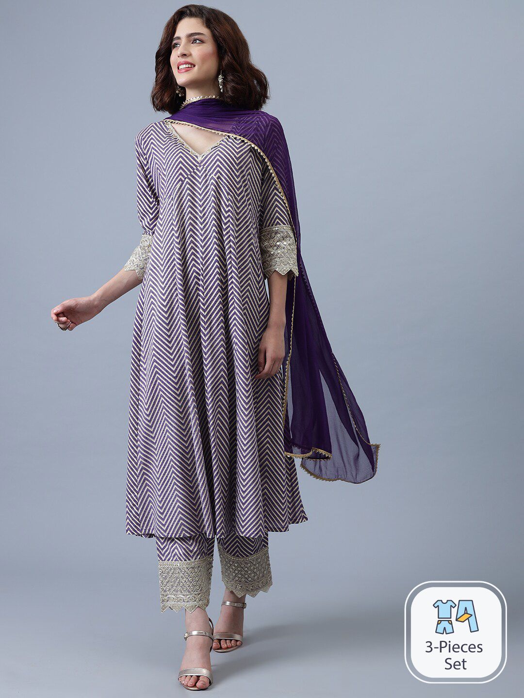 Khushal K Women Purple Printed Empire Gotta Patti Kurta with Trousers & With Dupatta Price in India