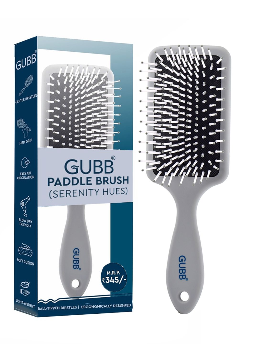 GUBB Serenity Hues Ball-Tipped Bristles Paddle Hair Brush - Grey