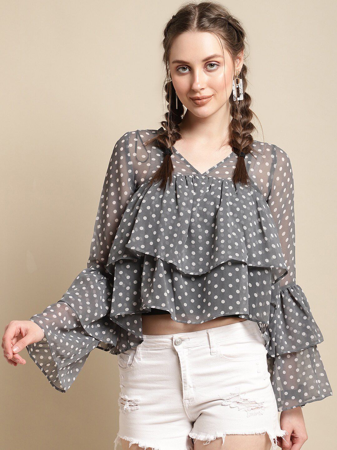 La Zoire Grey Floral Print Bell Sleeve Layered Georgette Crop Top Price in India