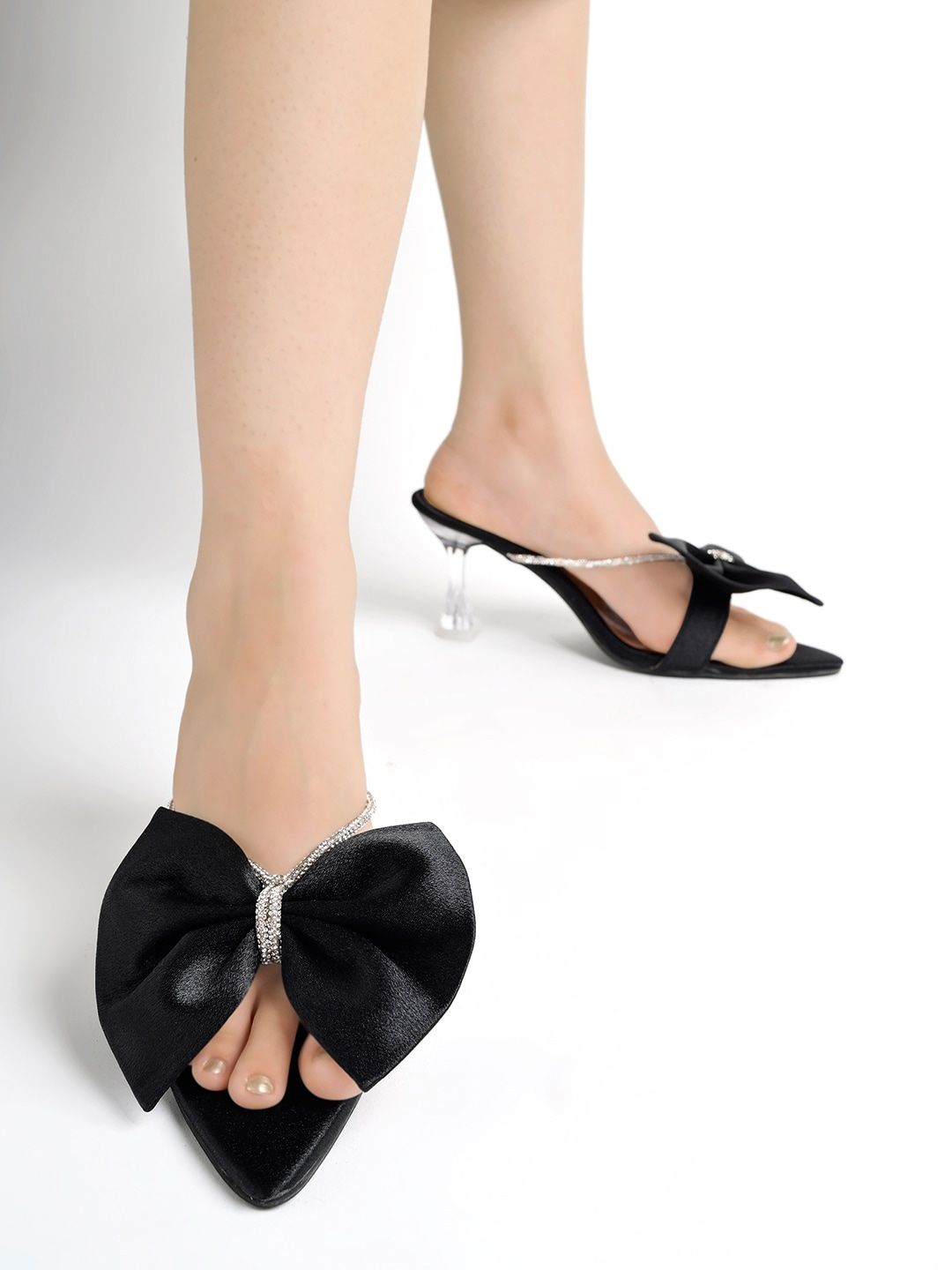 Shoetopia Embellished Pointed Toe Velvet Party Kitten Heels With Bows