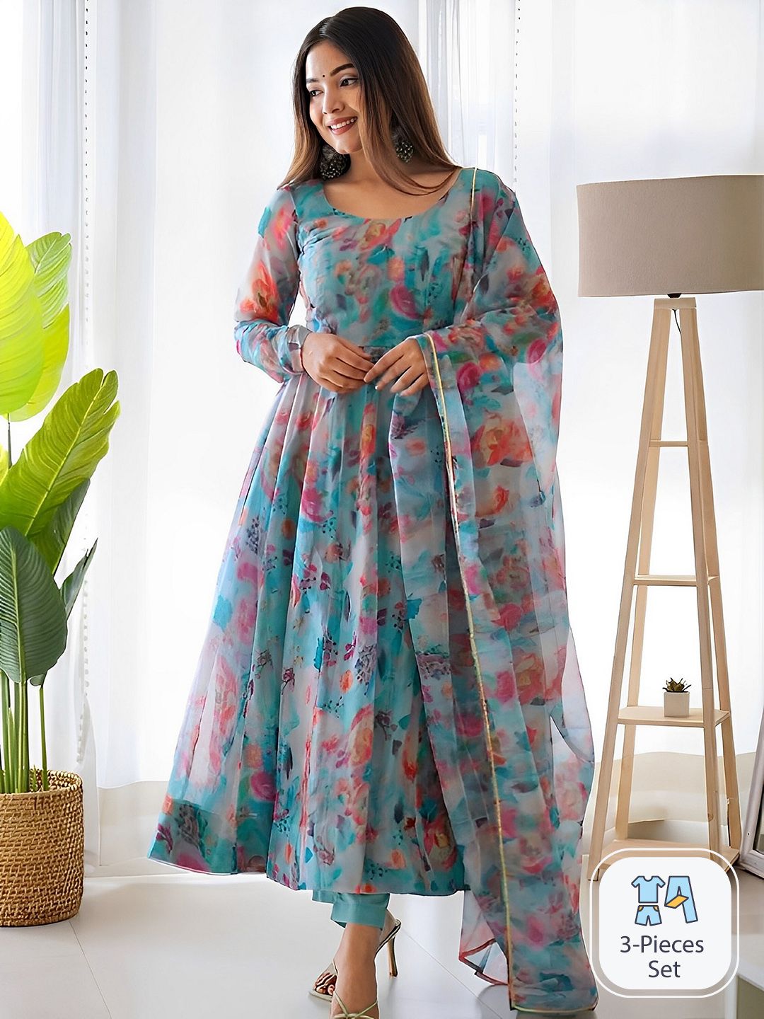 KALINI Floral Printed Gotta Patti Anarkali Kurta With Trousers & Dupatta Price in India