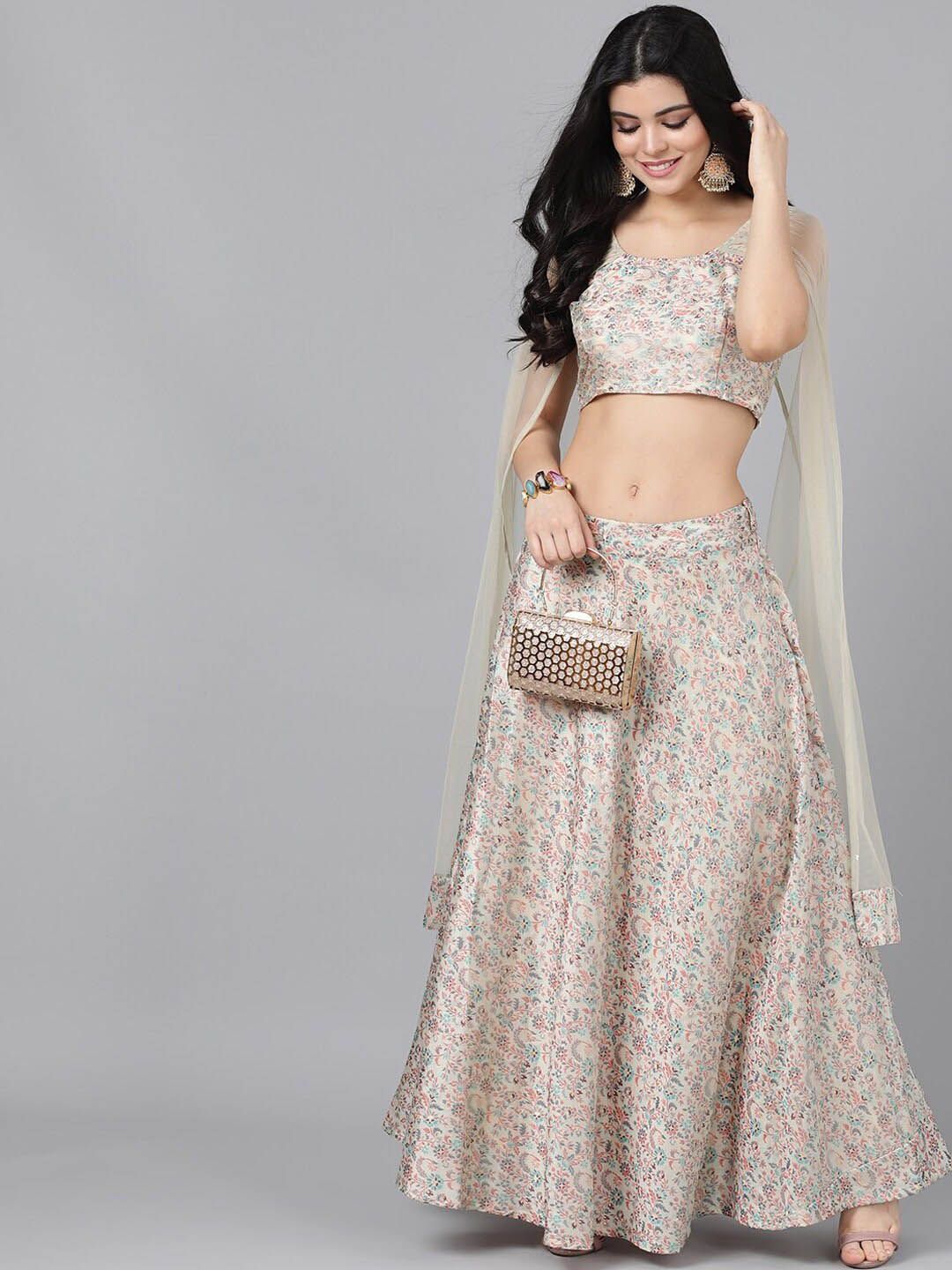 AKS Couture Floral Printed Ready to Wear Lehenga & Blouse With Cape Dupatta Price in India