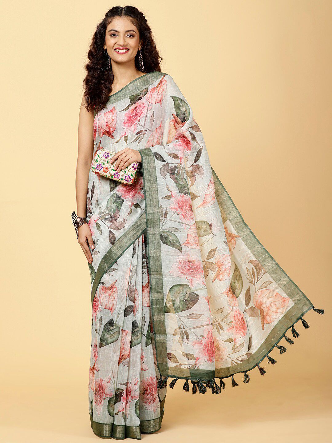 Meena Bazaar Floral Printed Zari Saree