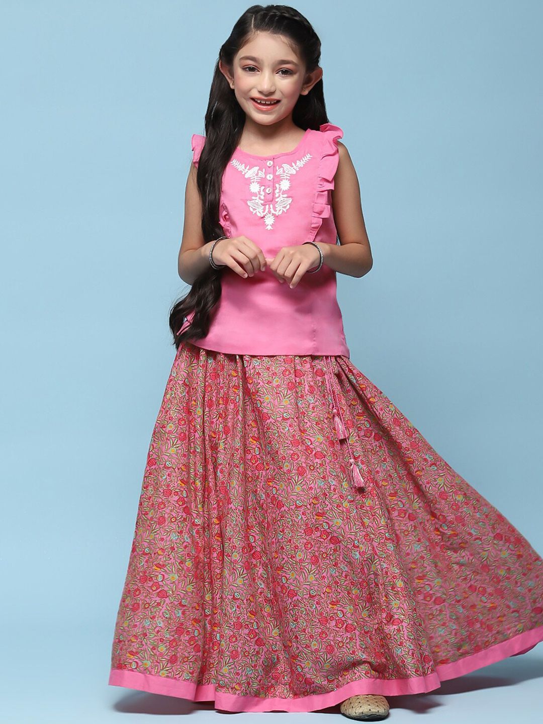Biba Girls Floral Embroidered Straight Top with Skirt