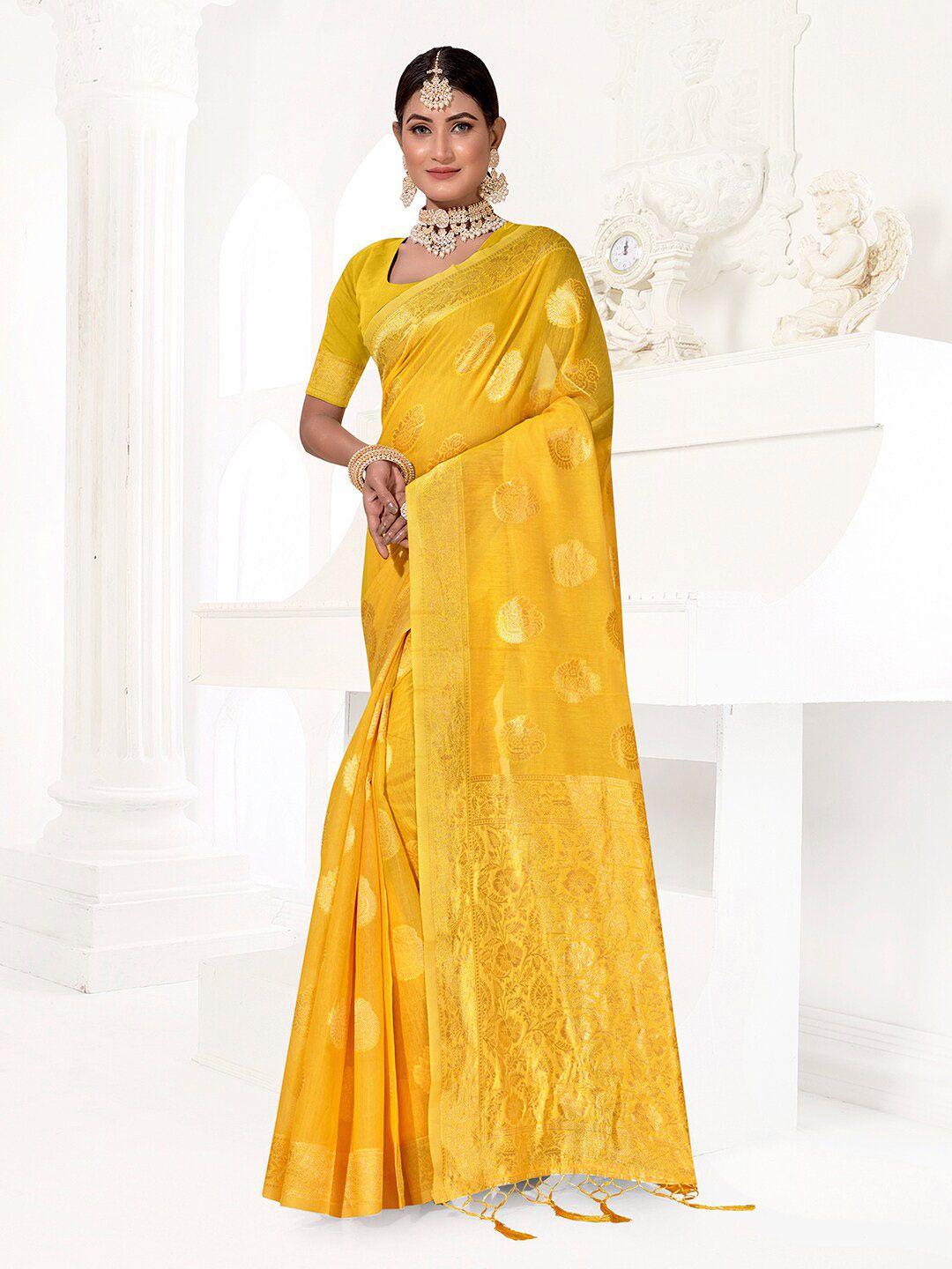 Anouk Yellow & Gold-Toned Woven Design Zari Pure Cotton Chanderi Saree Price in India
