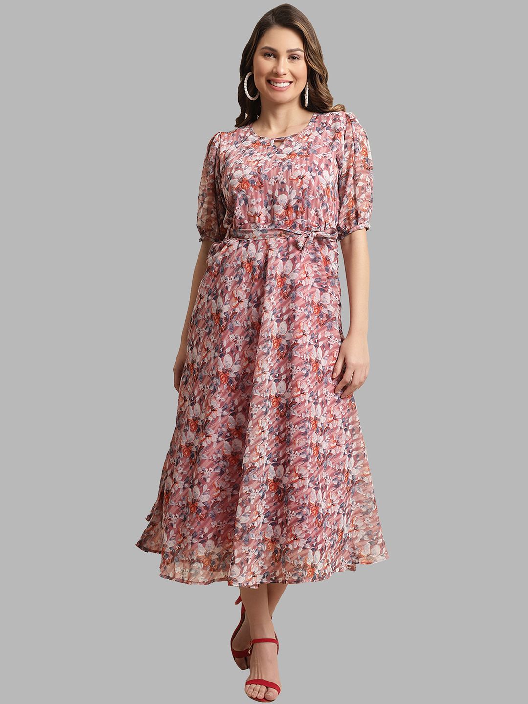 BAESD Floral Printed Puff Sleeves Belted Georgette A-Line Midi Dress