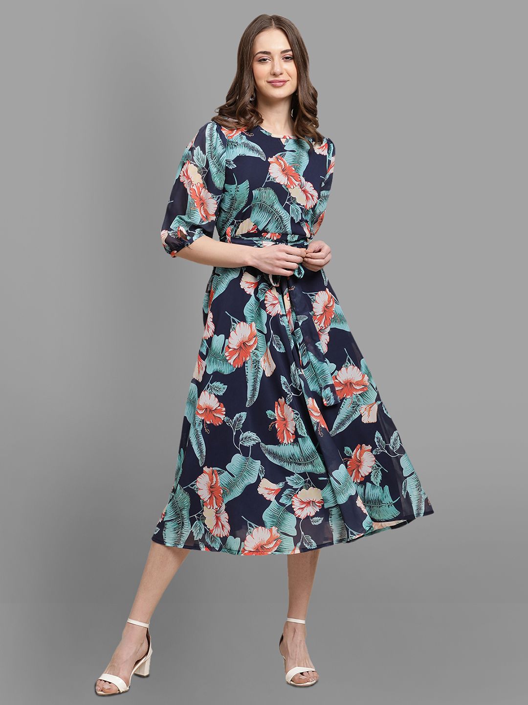 BAESD Floral Printed Puff Sleeves Belted Georgette Fit & Flare Midi Dress