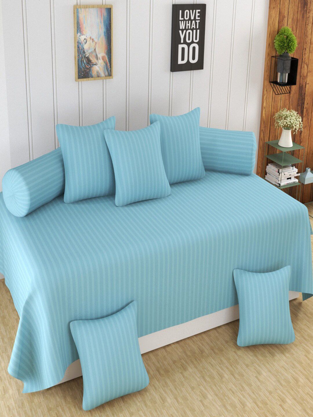 Homefab India Blue 8 Pieces Striped Diwan Set