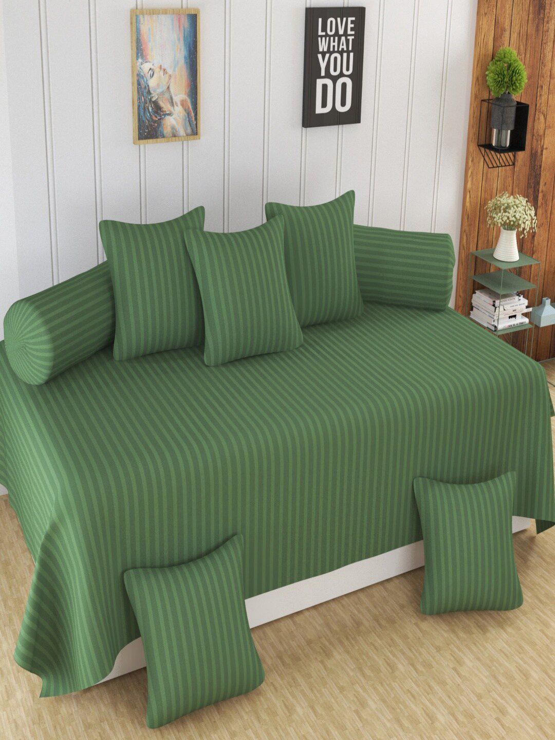 Homefab India Green 8 Pieces Striped Diwan Set