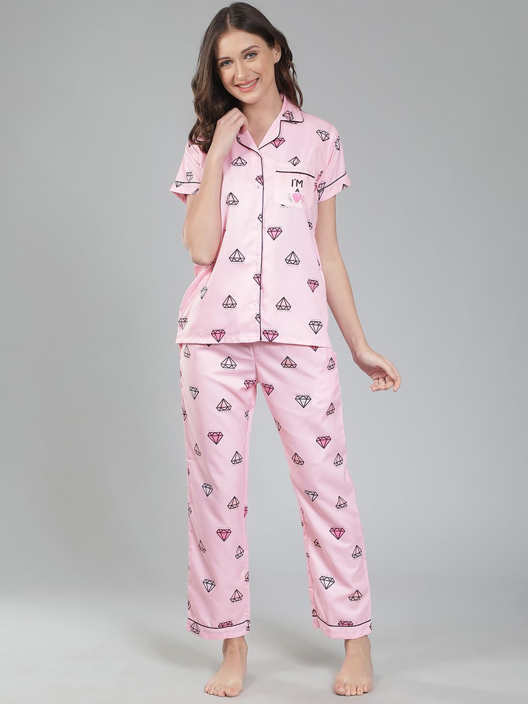 House of Comfort Graphic Printed Lapel Collar Night suit