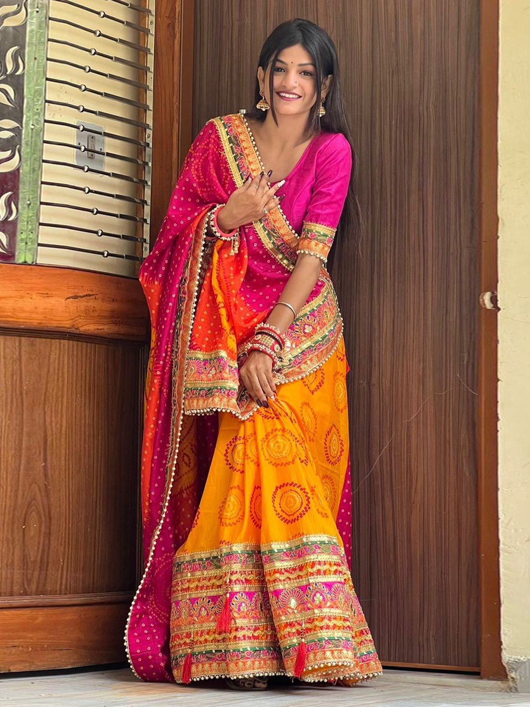 Mitera Orange & Pink Printed & Embroidered Pure Chiffon Bandhani Saree Price in India