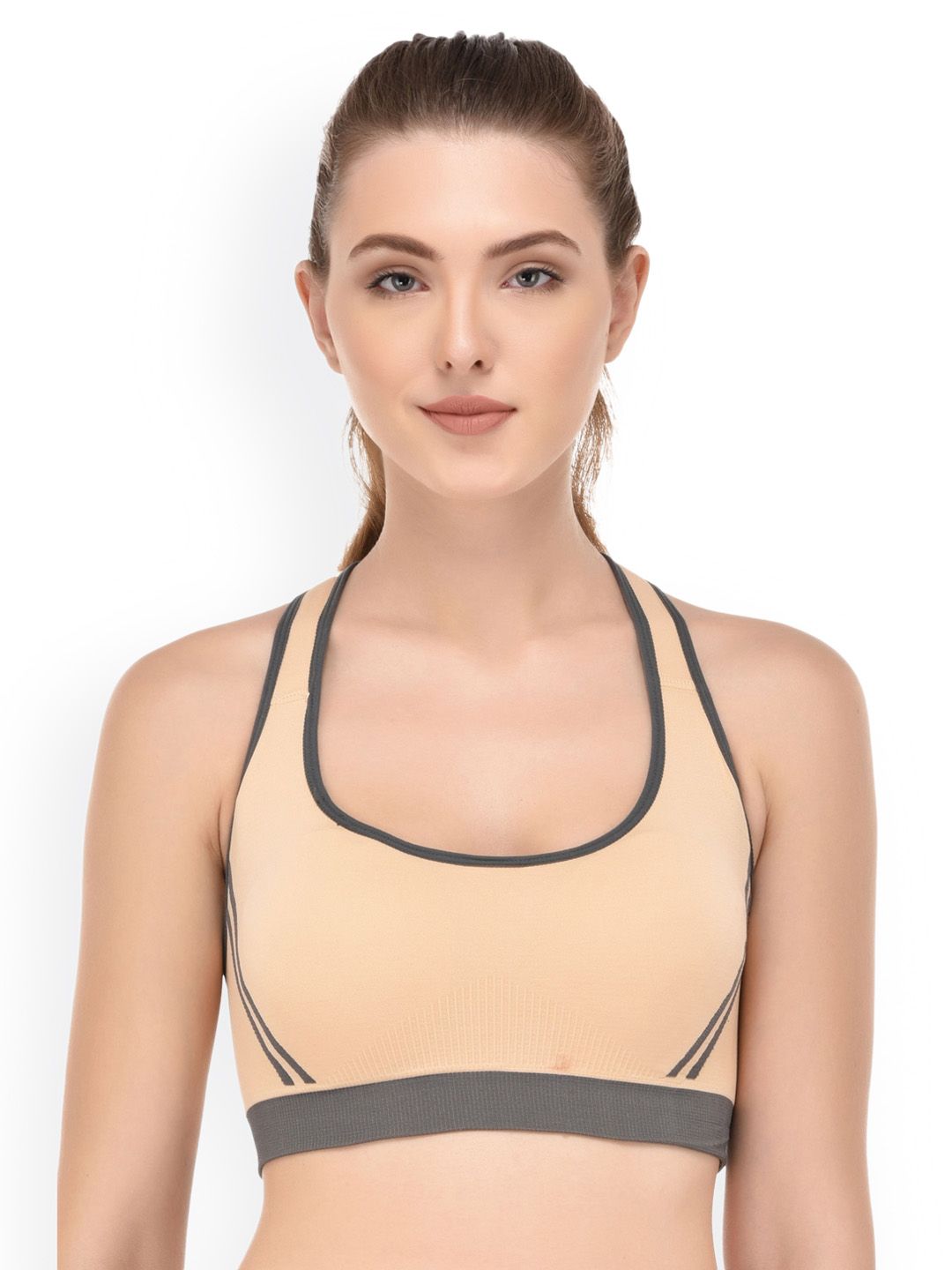 PrettyCat Beige Solid Non-Wired Lightly Padded Sports Bra PCSB9977 Price in India