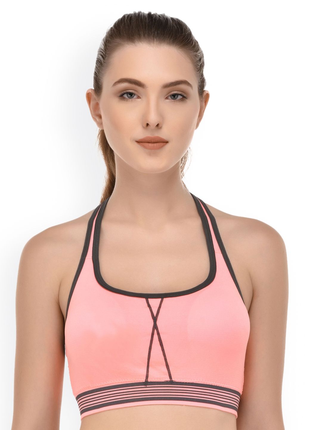 PrettyCat Peach-Coloured Solid Non-Wired Lightly Padded Sports Bra PCSB9982 Price in India