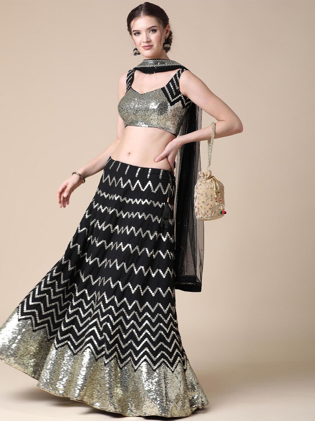 TIKODI Sequin Embellished Semi-Stitched Lehenga & Unstitched Blouse With Dupatta