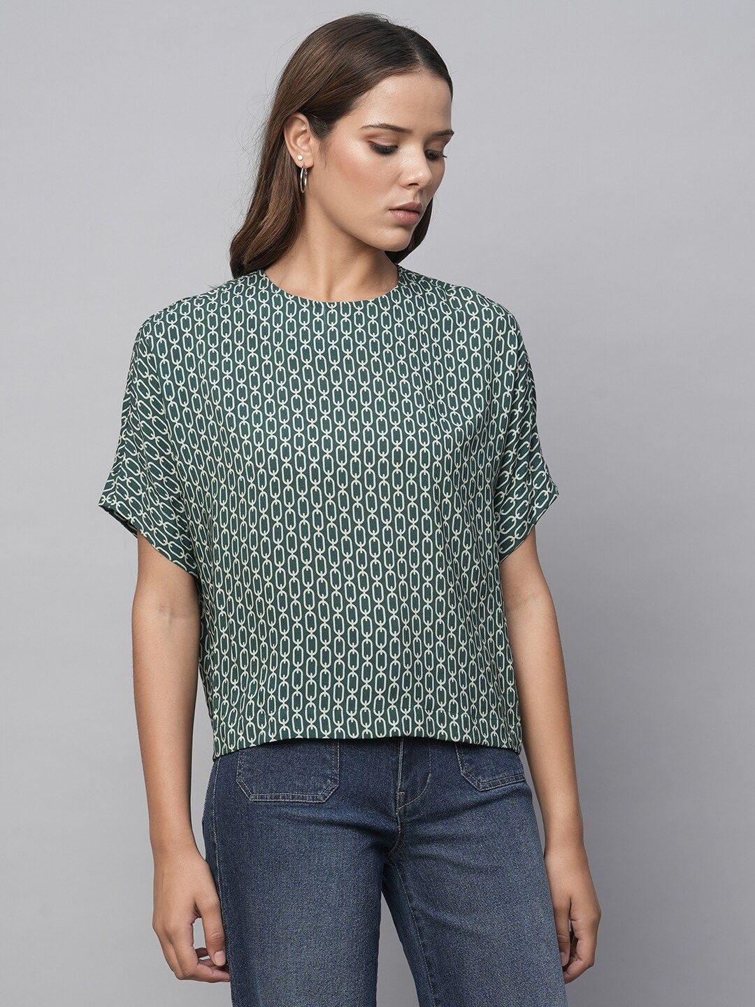 Chemistry Green Geometric Print Extended Sleeves Top Price in India