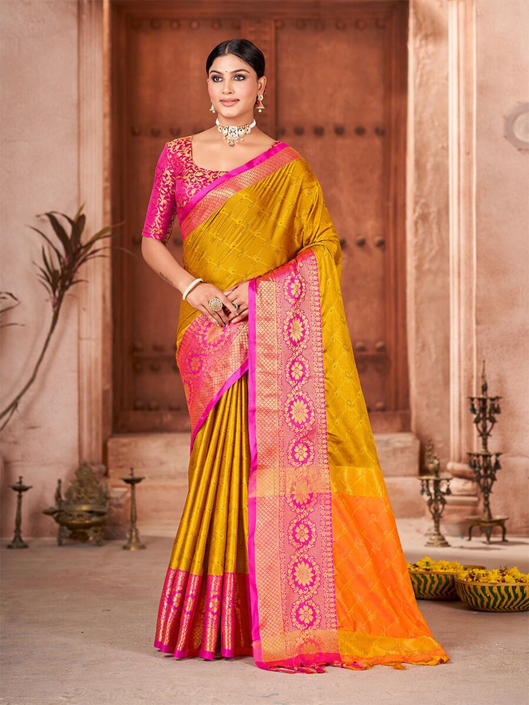 Mitera Mustard & Pink Woven Design Zari Pure Silk Banarasi Saree Price in India