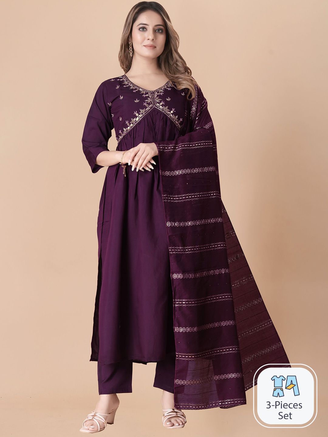 B4ME.COM Beads & Stones Detailed Empire A-Line Kurta & Trousers With Dupatta Price in India