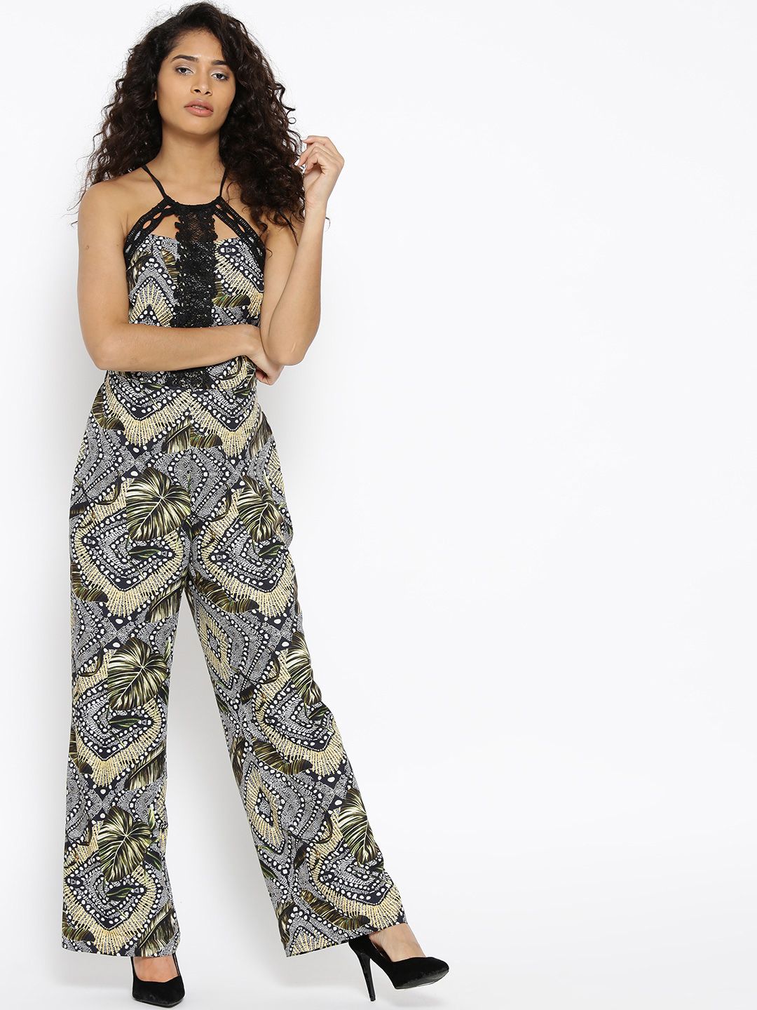 Madame Black & Yellow Printed Basic Jumpsuit Price in India