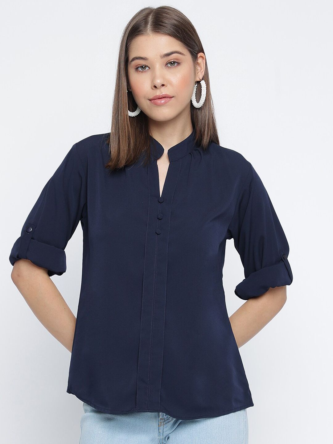 Mayra Mandarin Collar Roll-Up Sleeves Shirt Style Top