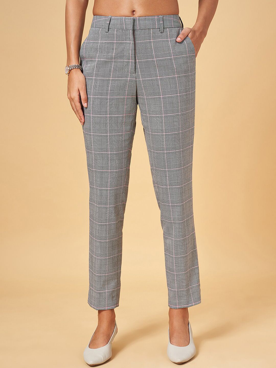 Annabelle by Pantaloons Women Mid Rise Plain Checked Slim Fit Formal Trousers Price in India
