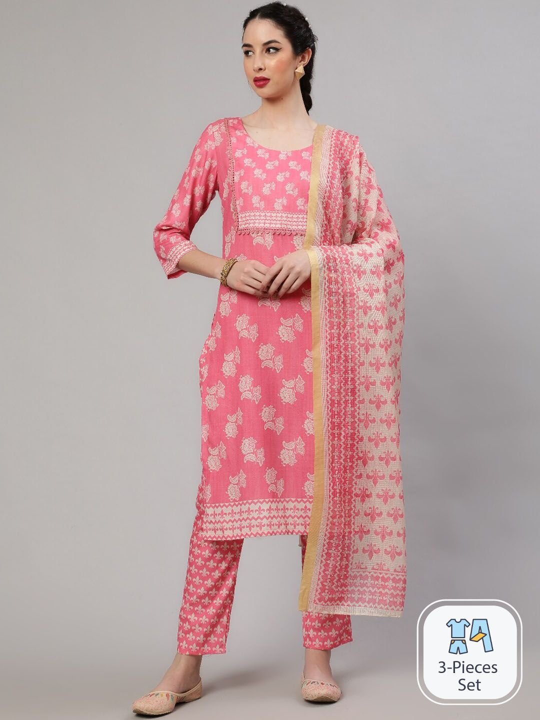 AKS Floral Printed Regular Linen Kurta With Trousers & Dupatta Price in India