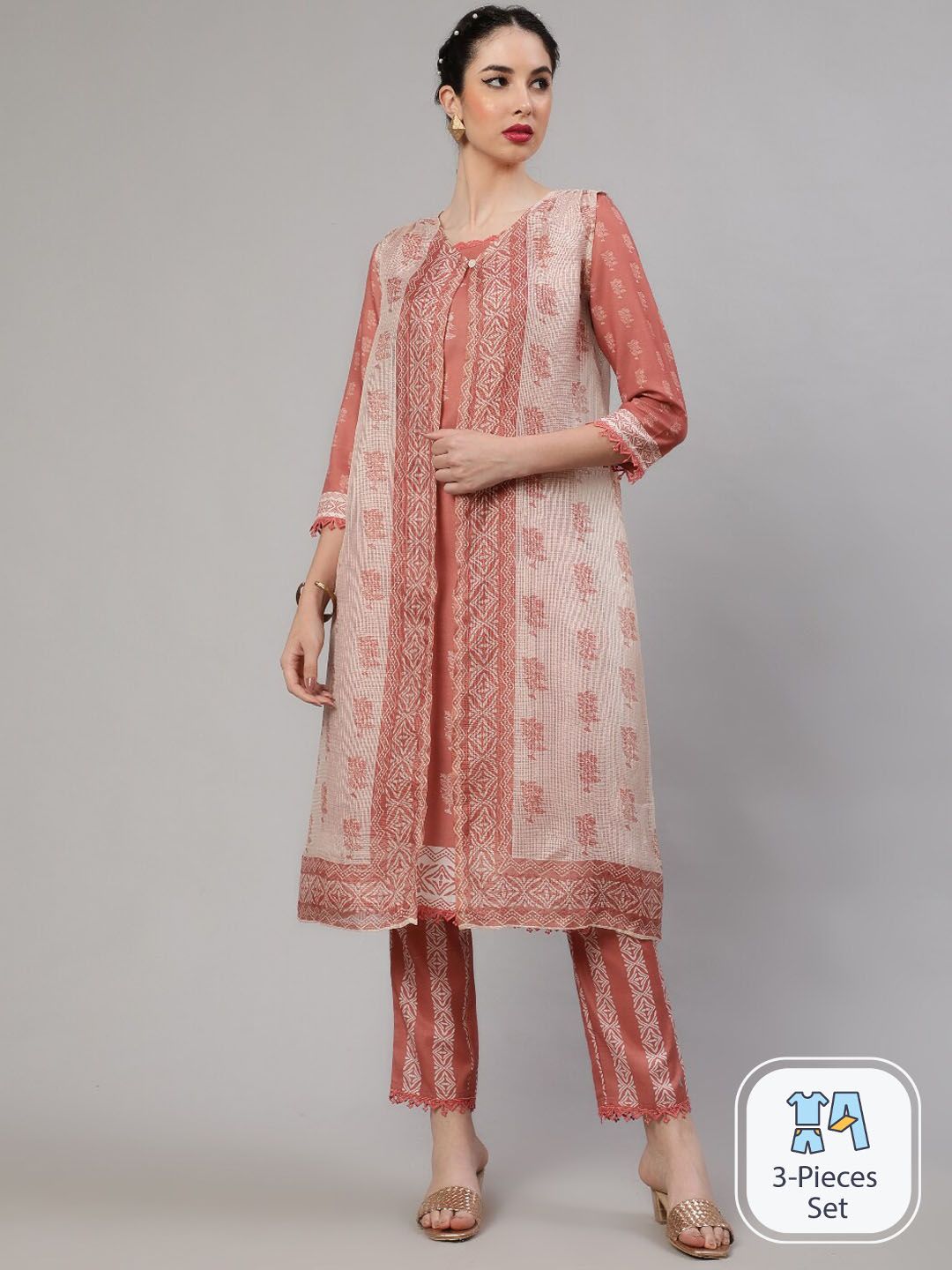 AKS Floral Printed A-Line Kurta With Trousers With Jacket