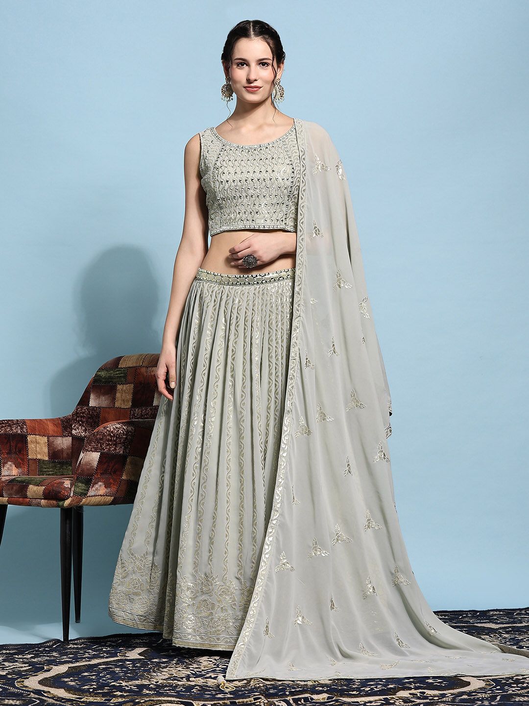 JUST FASHION Embroidered Sequinned Ready To Wear Lehenga & Blouse With Dupatta Price in India