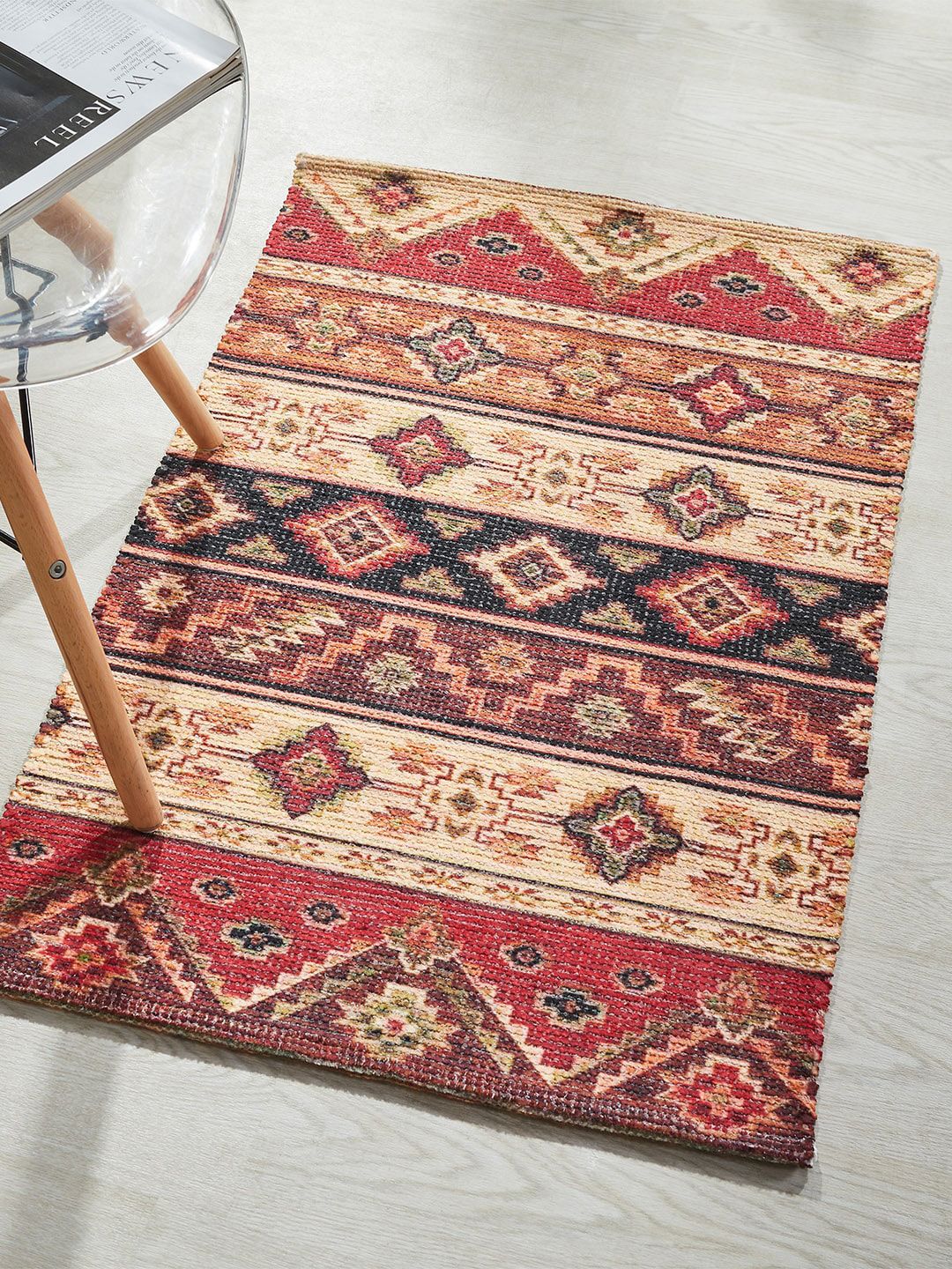 Mona B Red & Beige Printed Vintage Anti-Skid Dhurrie Carpet