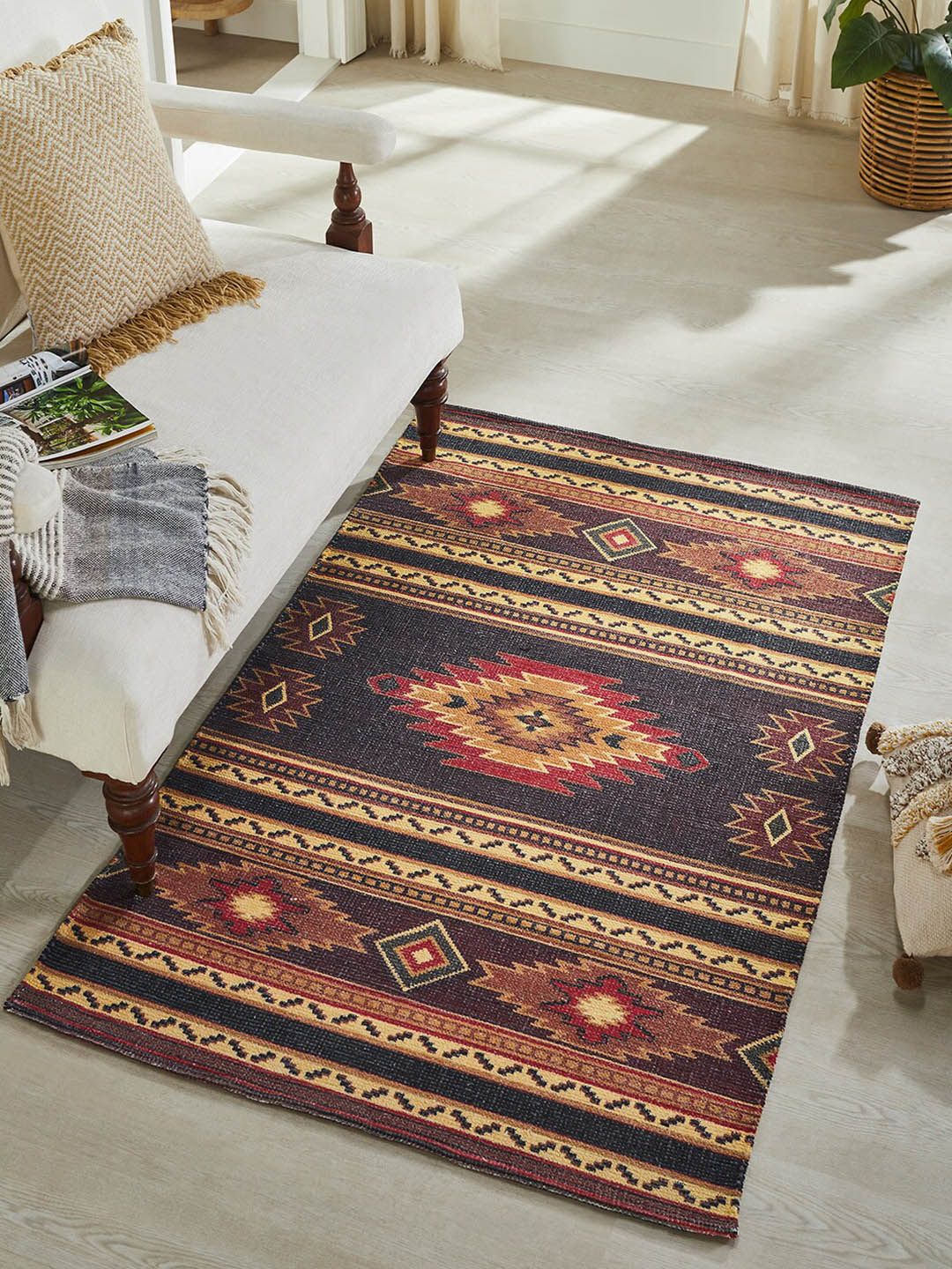 Mona B Mona B Purple & Beige Printed Vintage Anti-Skid Dhurrie Carpet