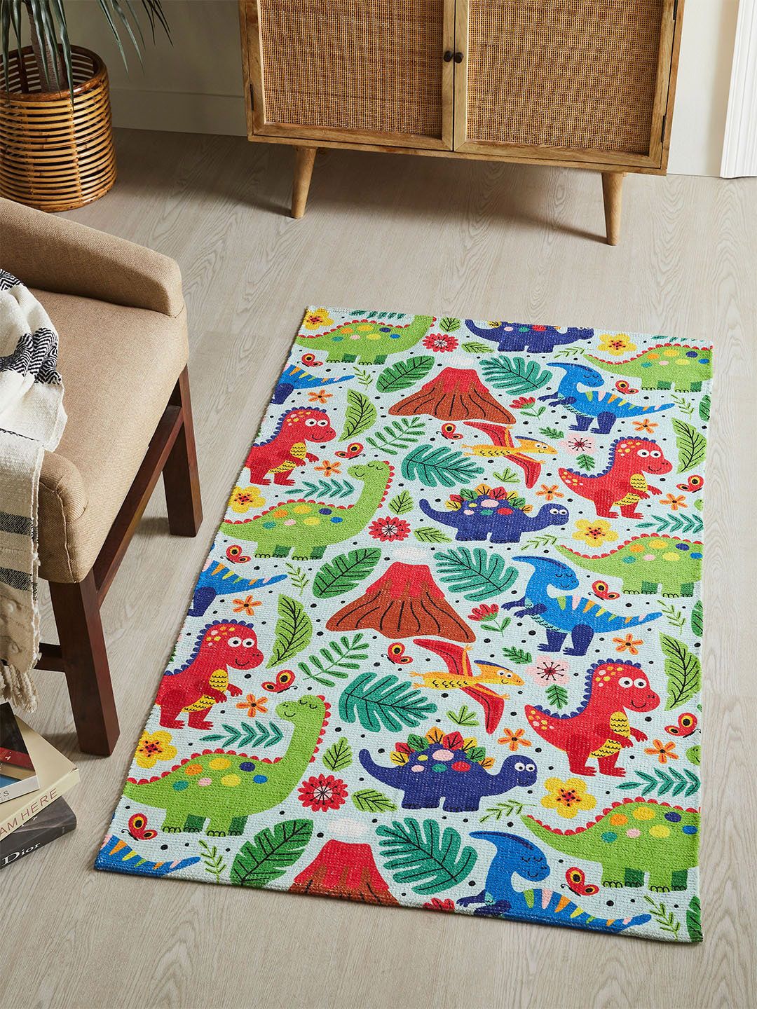 Mona B Mona B Green & Red Printed Vintage Anti-Skid Dhurrie Carpet