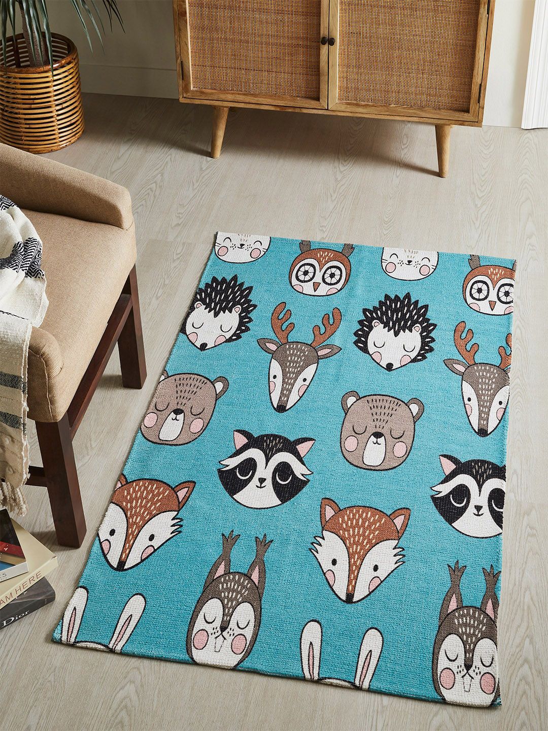 Mona B Mona B Blue & Grey Printed Vintage Anti-Skid Dhurrie Carpet