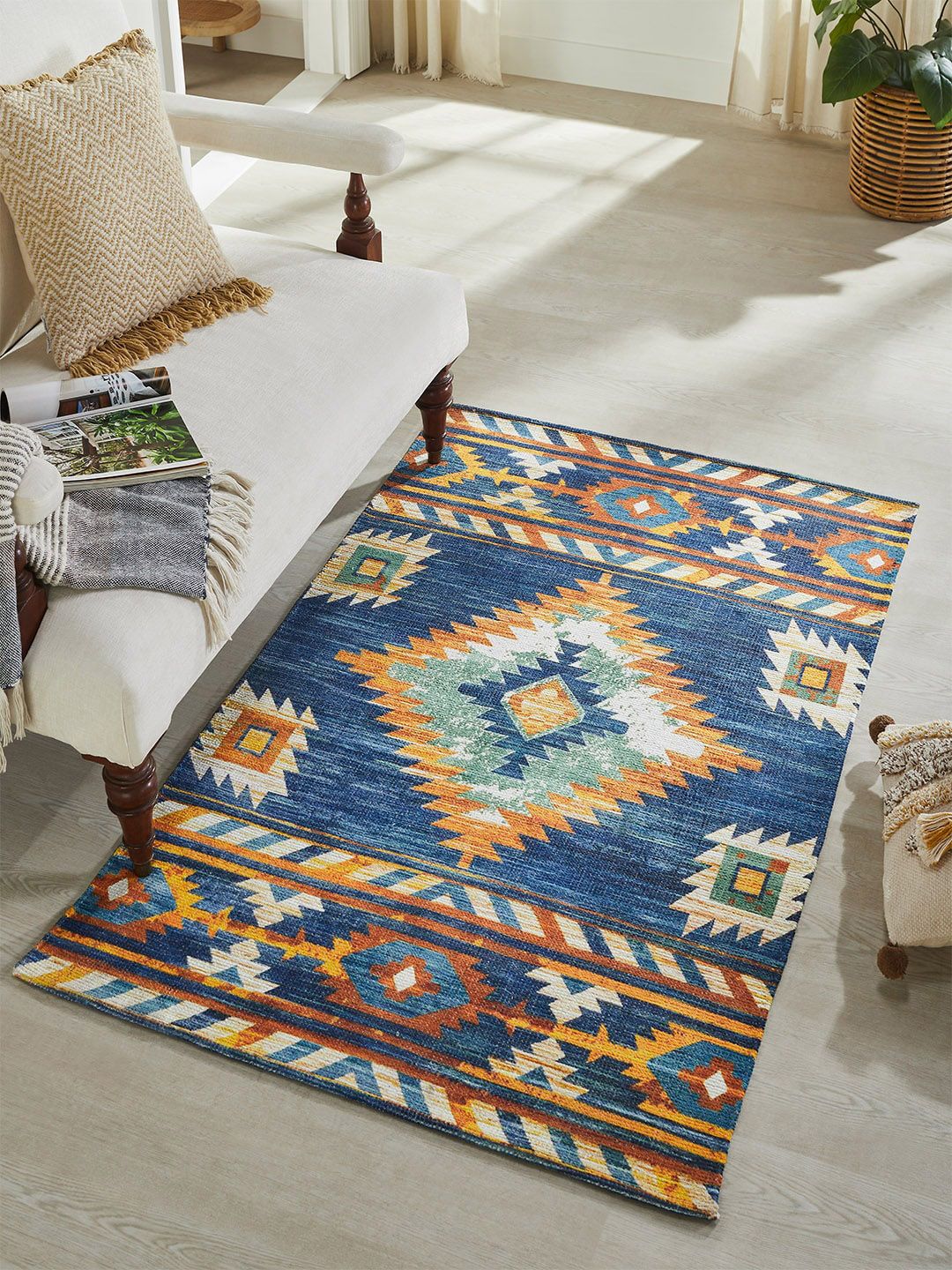 Mona B Mona B Blue & Yellow Printed Vintage Anti-Skid Dhurrie Carpet