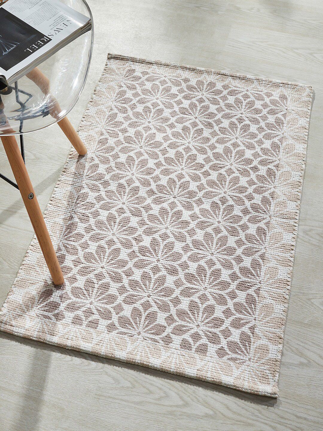 Mona B White & Grey Printed Vintage Anti-Skid Dhurrie Carpet
