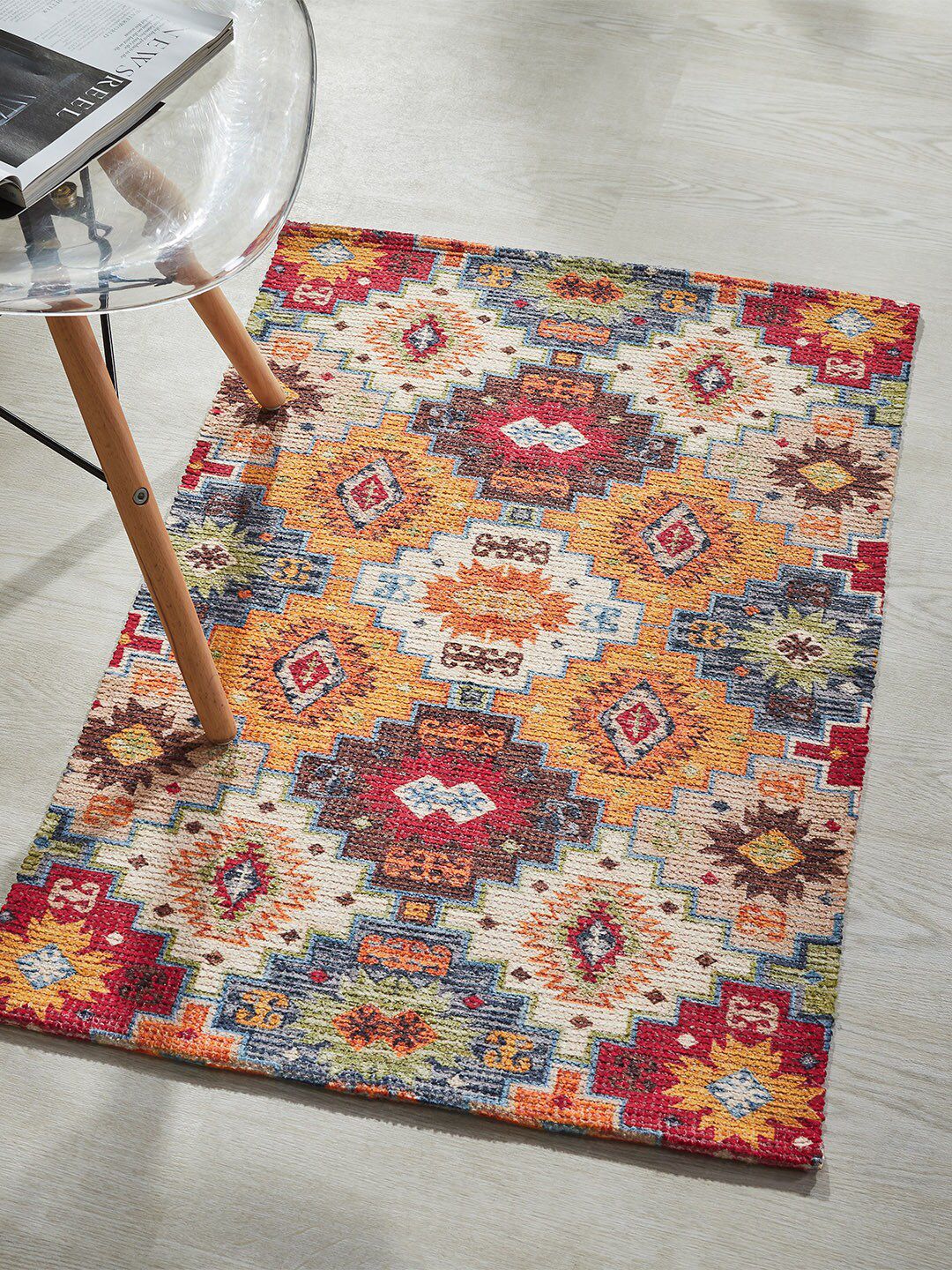 Mona B Beige & Maroon Printed Vintage Anti-Skid Dhurrie Carpet
