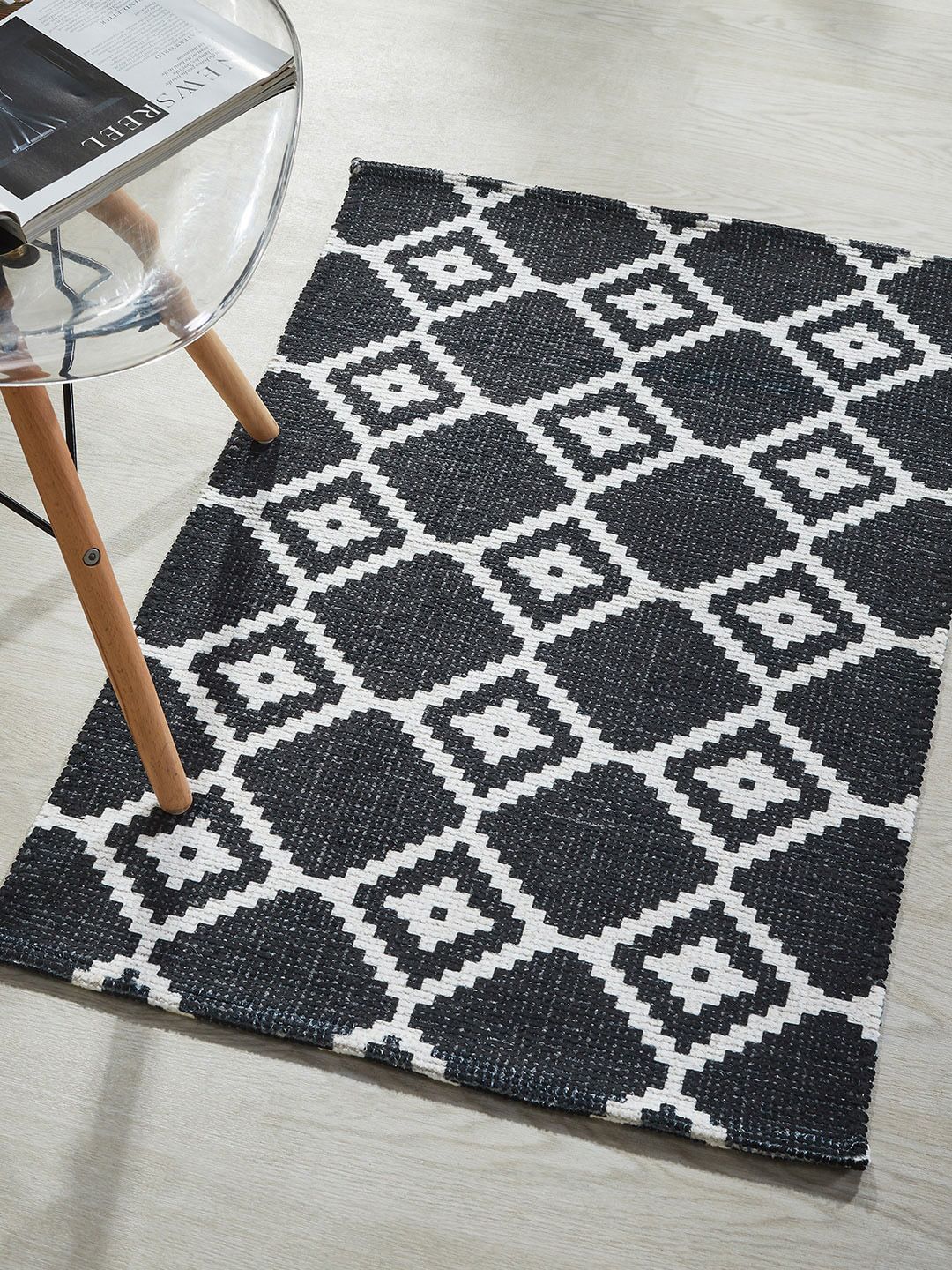 Mona B Black & White Printed Vintage Anti-Skid Dhurrie Carpet