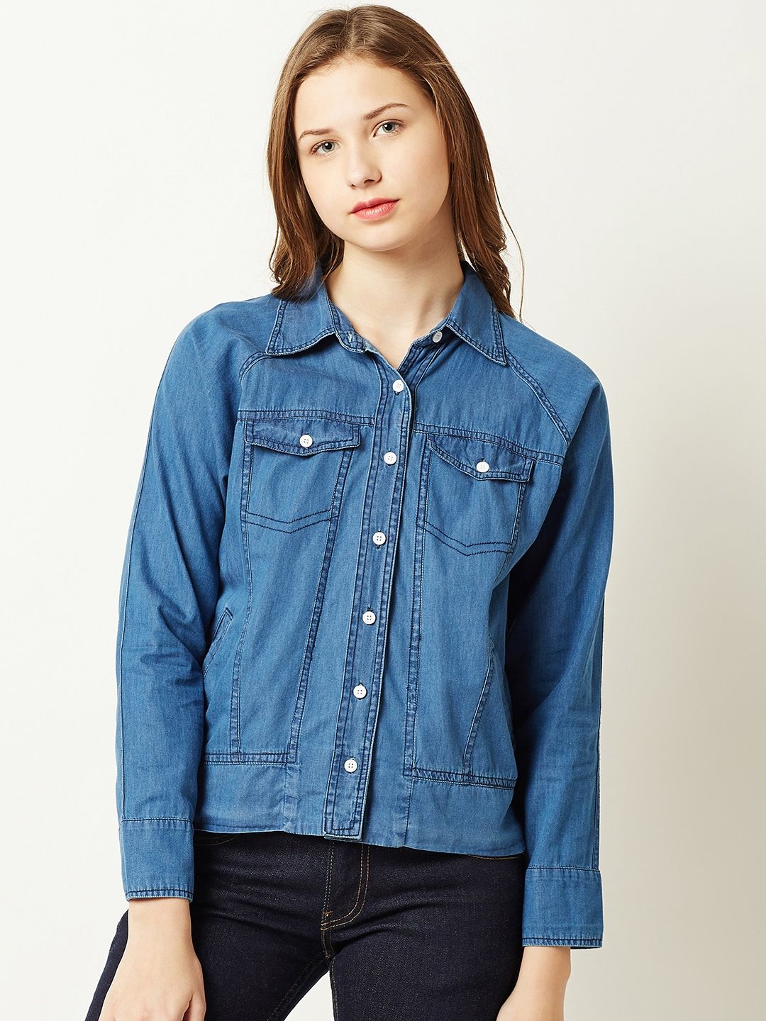 Miss Chase Women Blue Solid Denim Open Front Jacket Price in India