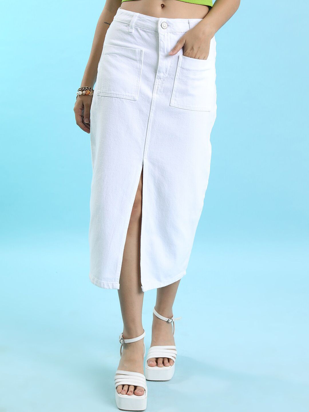 Tokyo Talkies White Mid-Rise Cotton Denim Midi Skirt Price in India