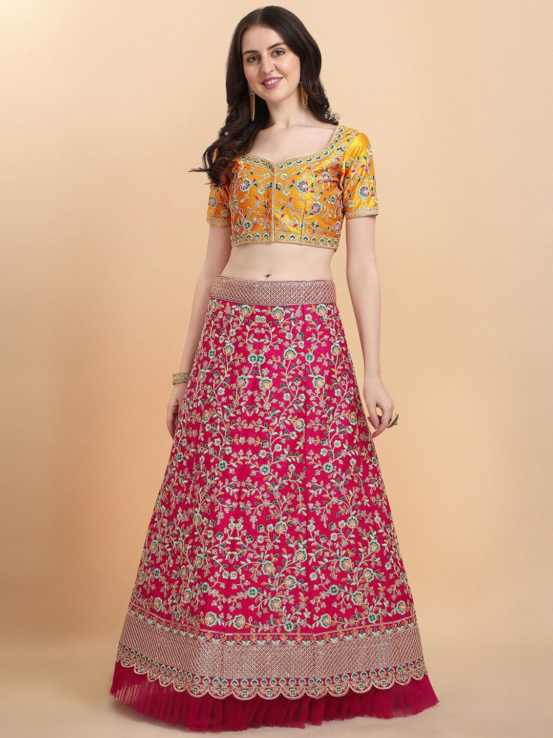 KALINI Embroidered Satin Semi Stitched Lehenga & Unstitched Blouse With Dupatta Price in India