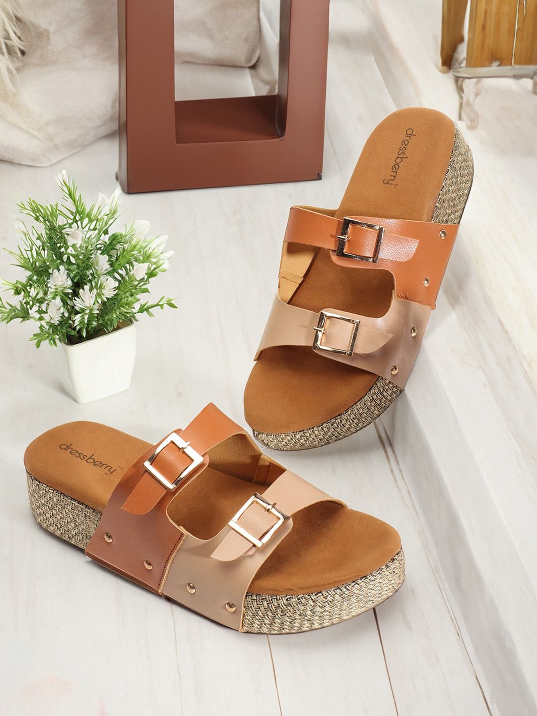 DressBerry Tan Brown & Beige Colourblocked Double Open Toe Flatform Heels With Buckles