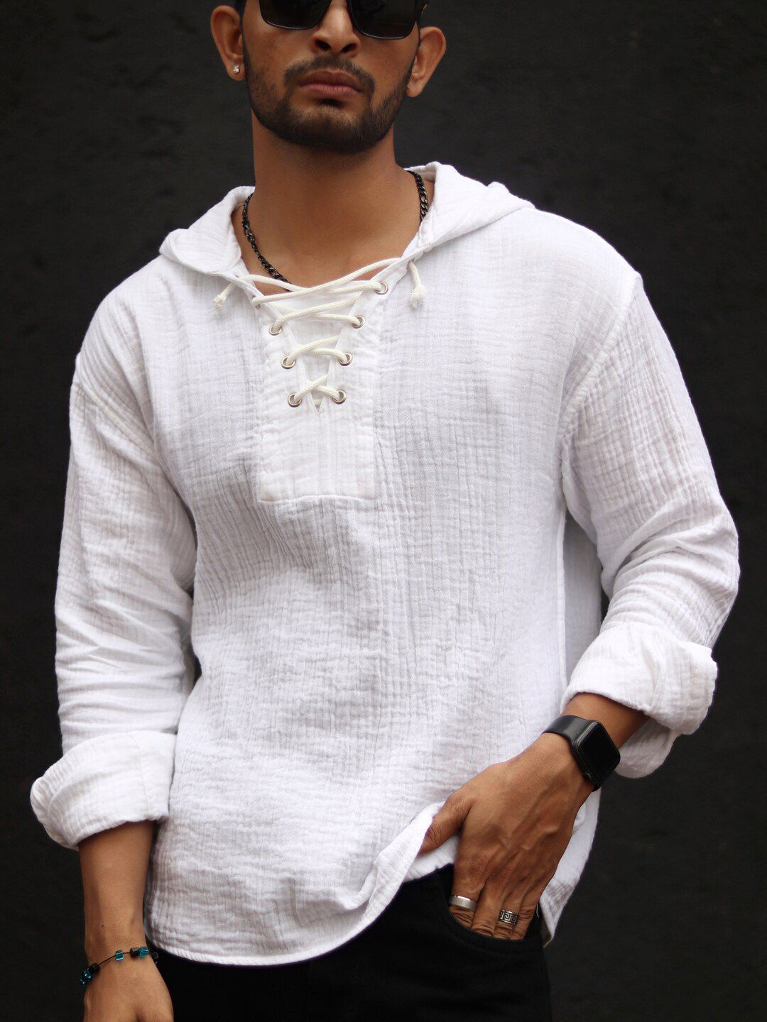 Powerlook Textured Hooded Tie-Ups Detail Indian Slim Oversize Pure Cotton Casual Shirt