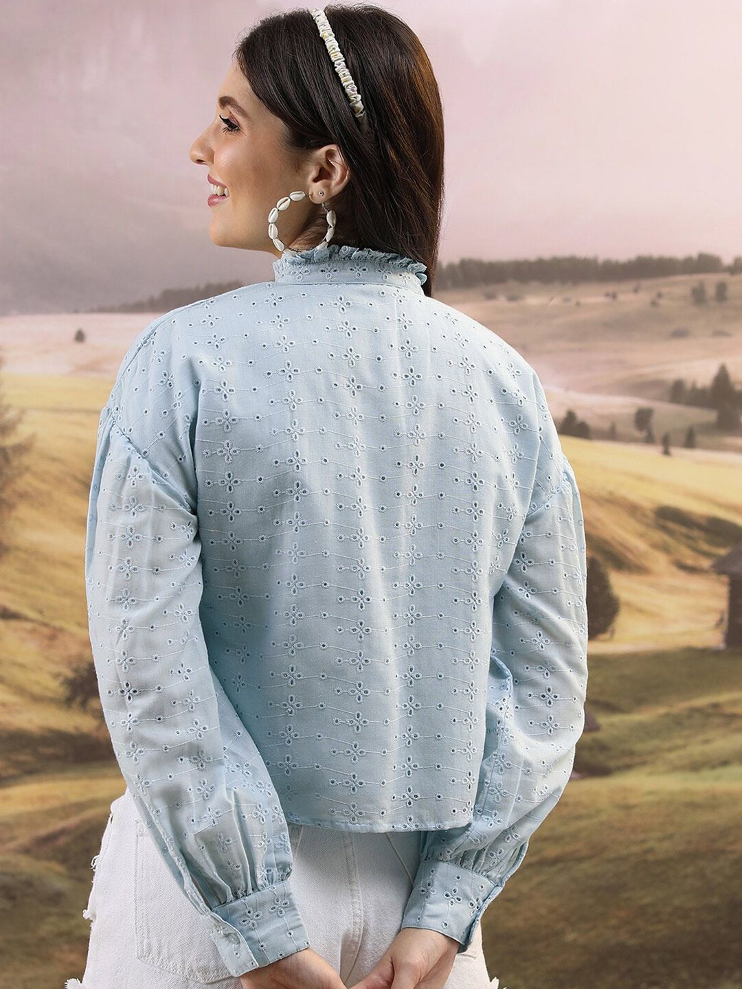 Buy Tokyo Talkies Blue Self Design Mandarin Collar Puffed Sleeves