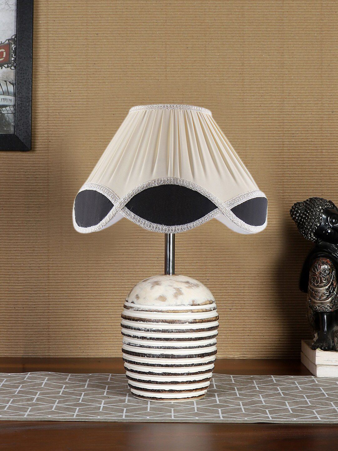 Devansh Vintage Warm Yellow Wood Abstract Textured High Quality Electrical Table Lamps