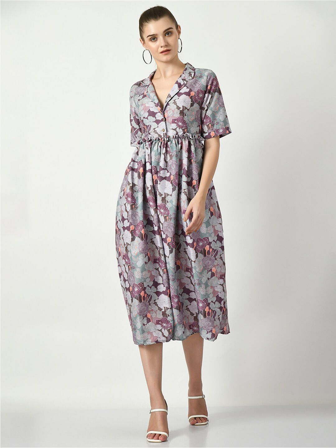 Sangria Floral Printed Lapel Collar Gathered A-Line Midi Dress Price in India