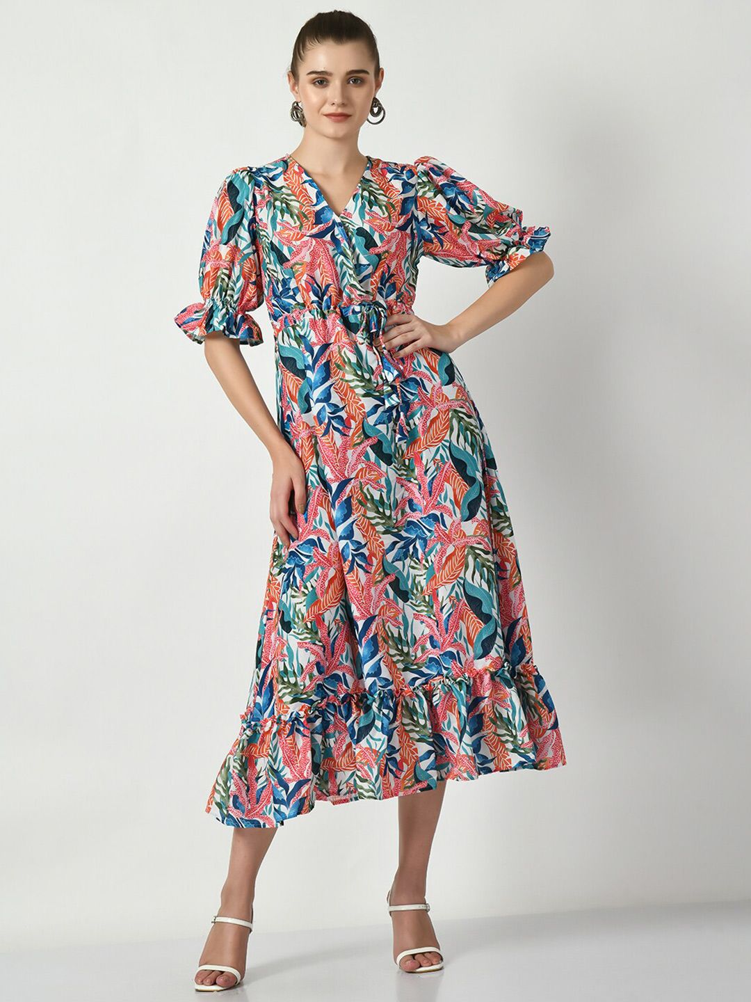 Sangria Tropical Printed Gathered A-Line Midi Dress Price in India