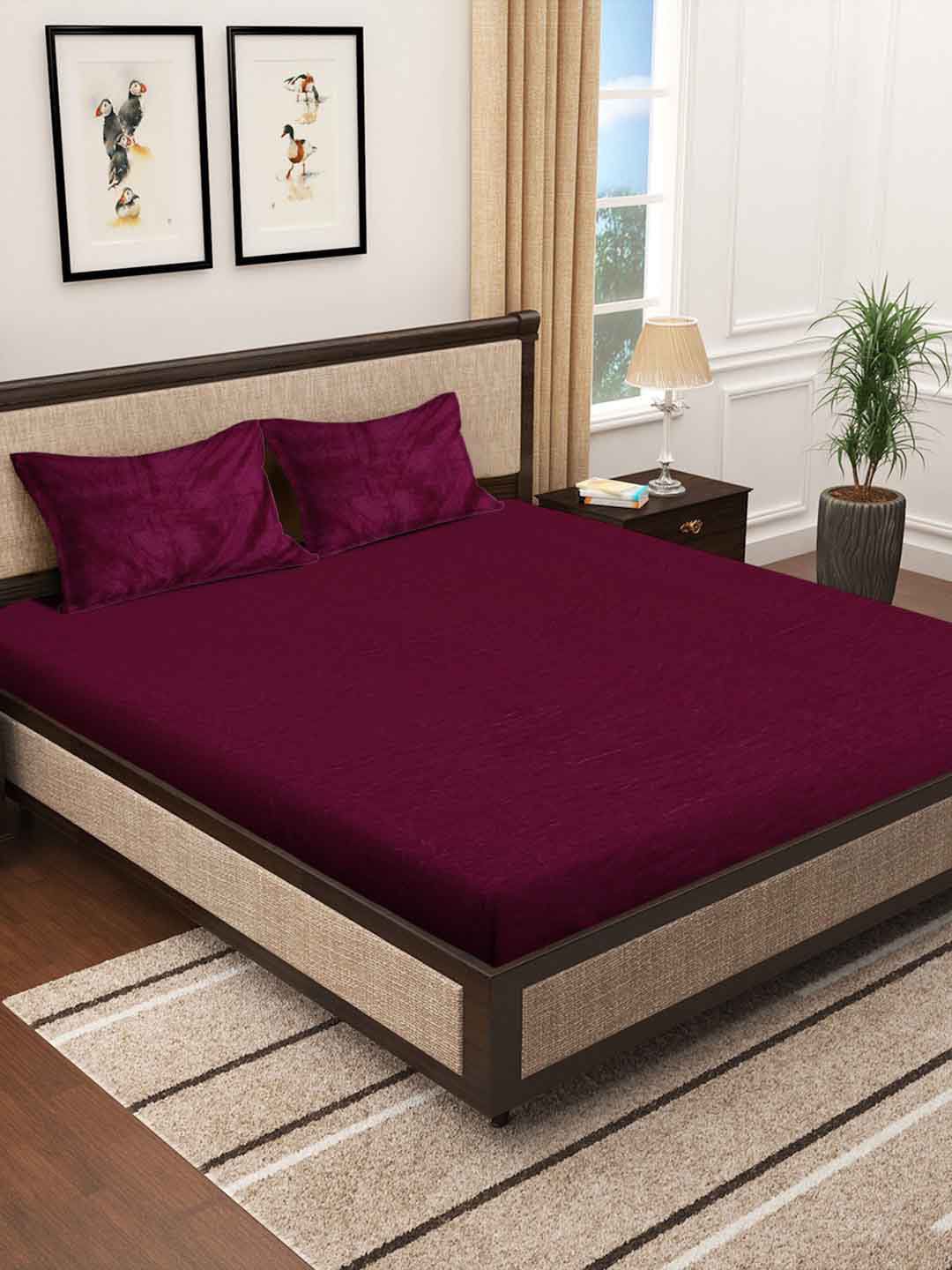 KLOTTHE Maroon 300 TC Woolen Double Bed Sheet With 2 Pillow Covers