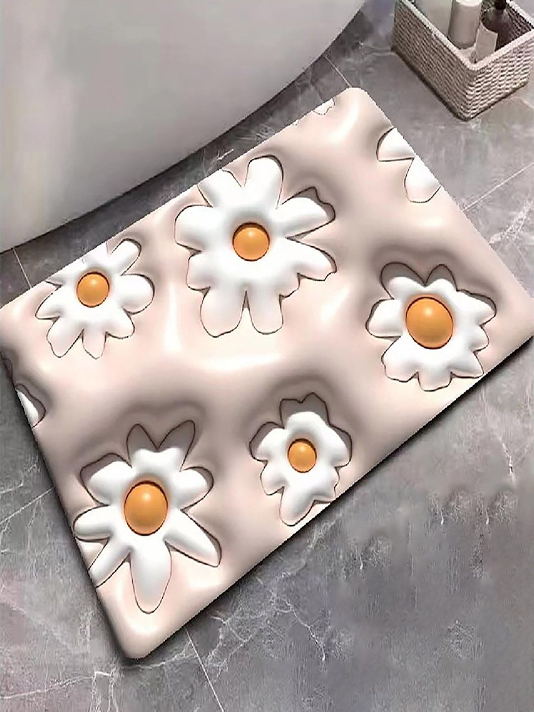 HOUSE OF QUIRK White 3D Floral Absorbent Non-Slip Bath Rug