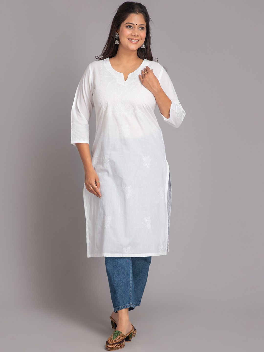 SUTI Women White Yoke Design Flared Sleeves Thread Work Kurta
