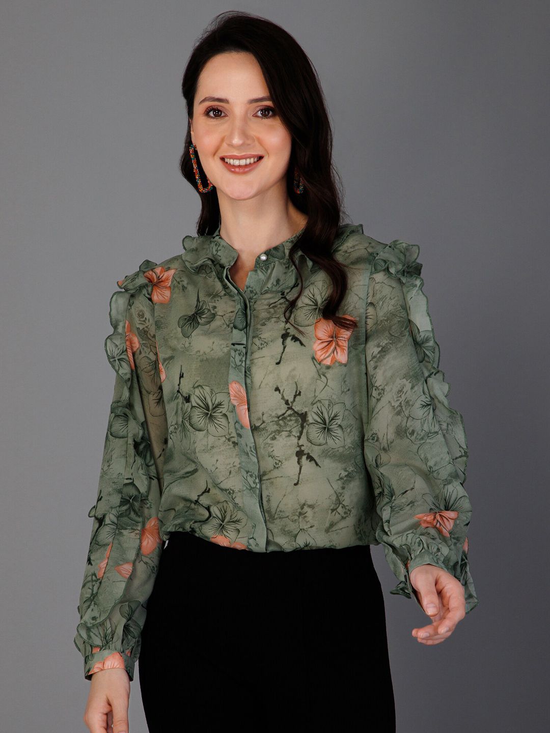 PURYS Women Green Classic Floral Semi Sheer Printed Casual Shirt