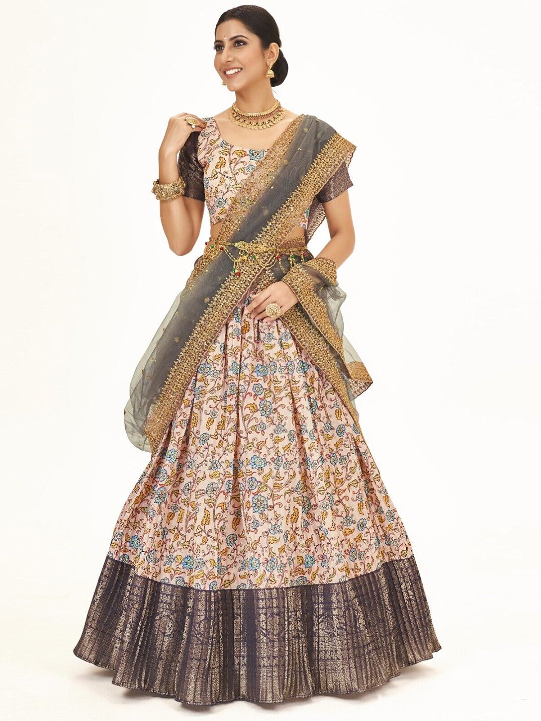 SHOPGARB Off White & Grey Printed Semi-Stitched Lehenga & Unstitched Blouse With Dupatta Price in India